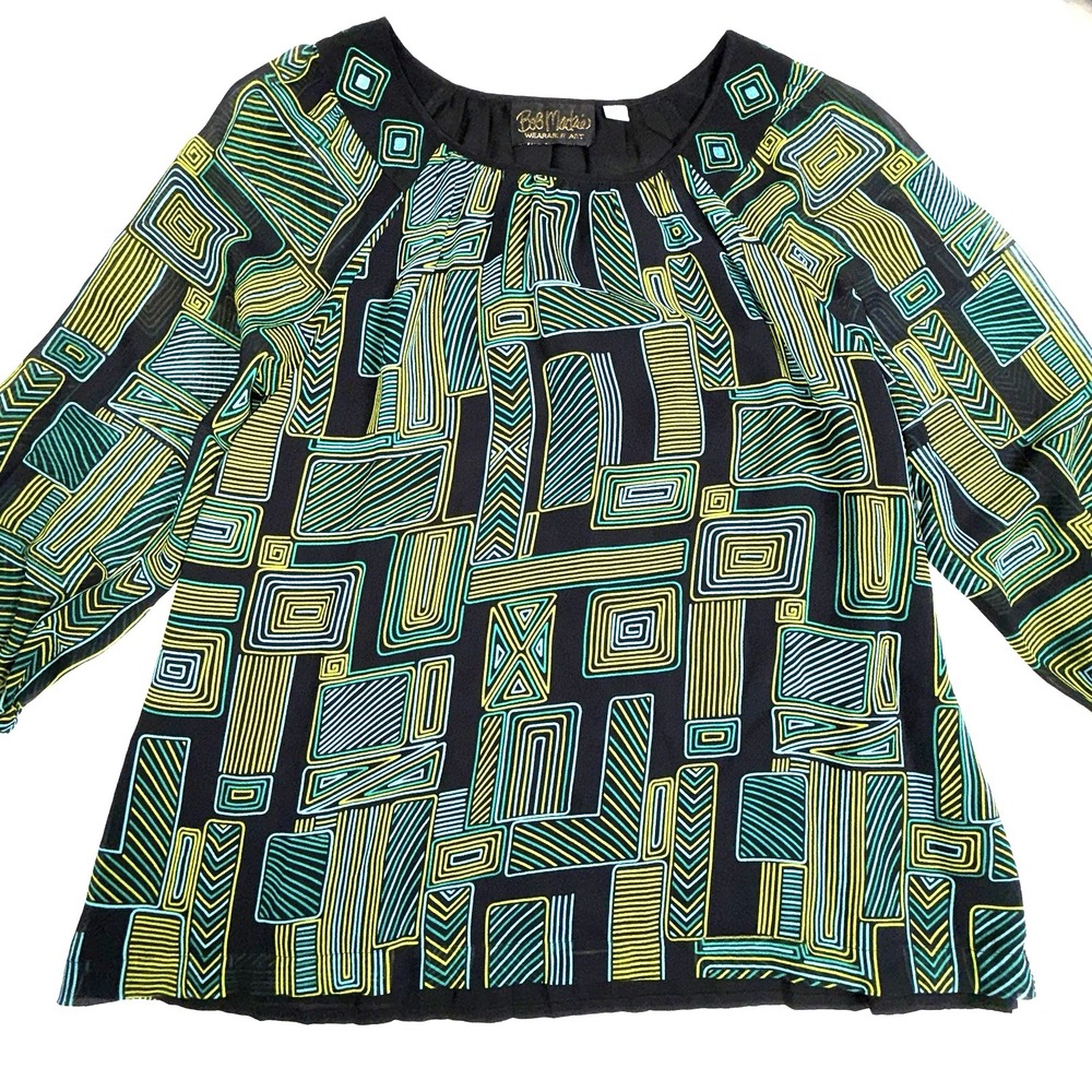 Bob Mackie Wearable Art Silk Blouse S Black Geometric Abstract Boho Top